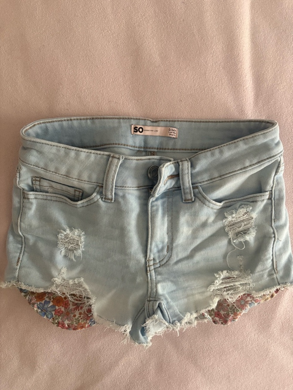 SO Light Blue Distressed Denim Shorts with Floral Hem